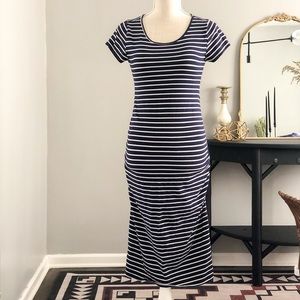 Isabel Maternity Striped Side-Rushed Midi Dress